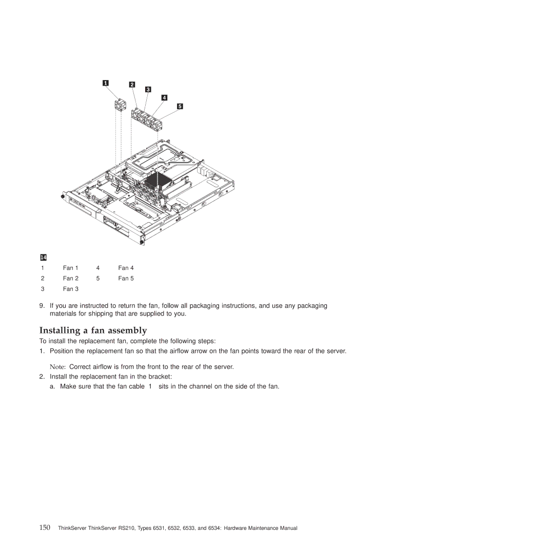 Lenovo RS210 manual Installing a fan assembly 