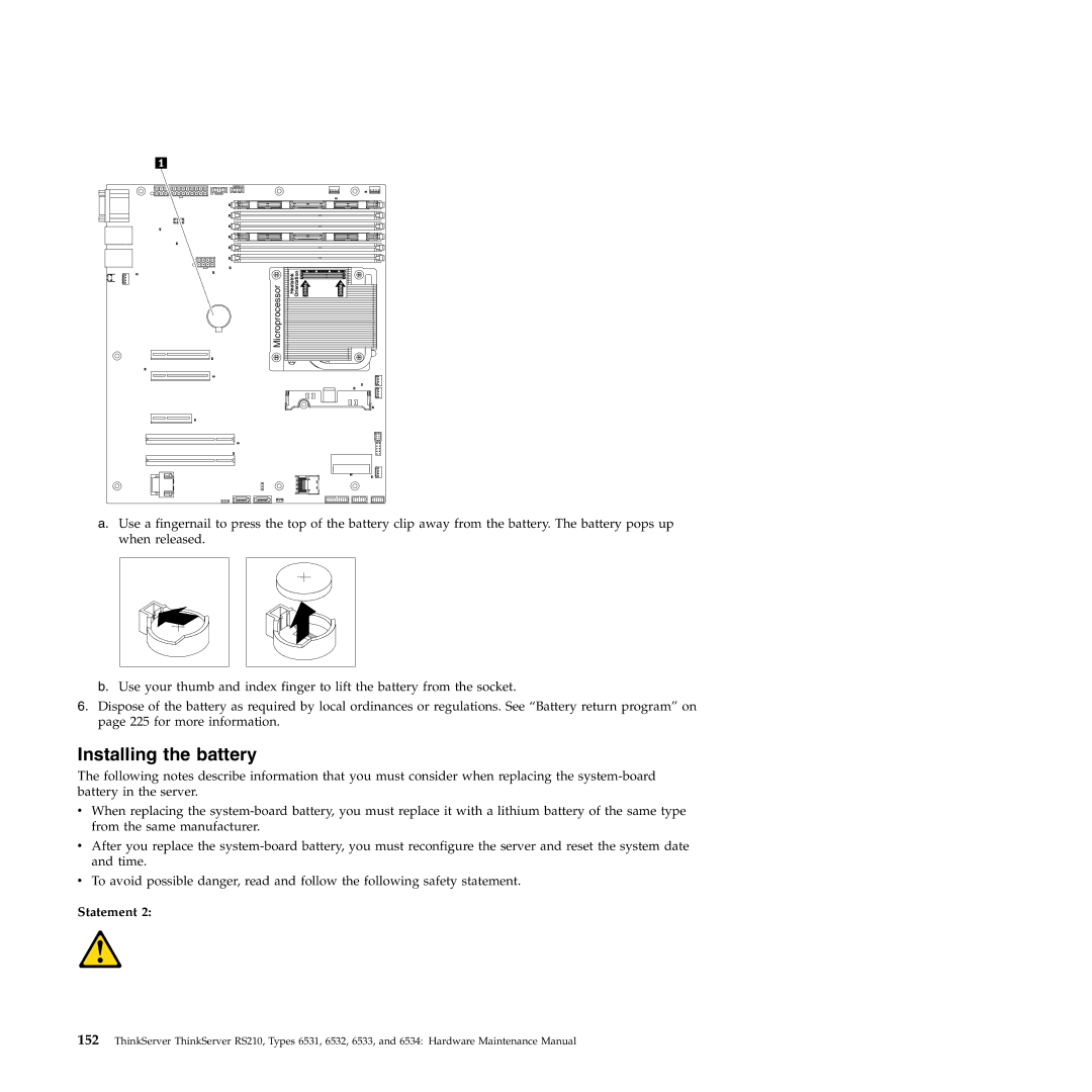 Lenovo RS210 manual Installing the battery, Statement 