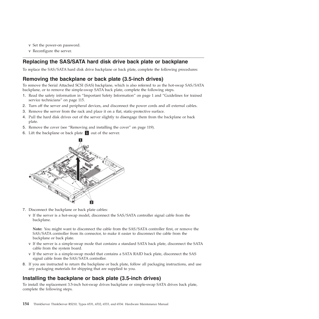 Lenovo RS210 Removing the backplane or back plate 3.5-inch drives, Installing the backplane or back plate 3.5-inch drives 