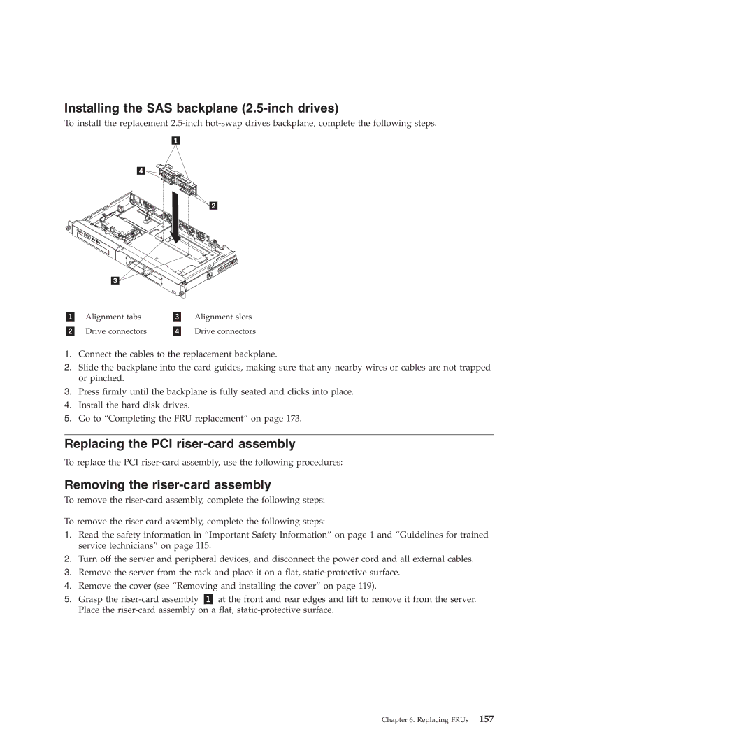 Lenovo RS210 manual Installing the SAS backplane 2.5-inch drives, Replacing the PCI riser-card assembly 