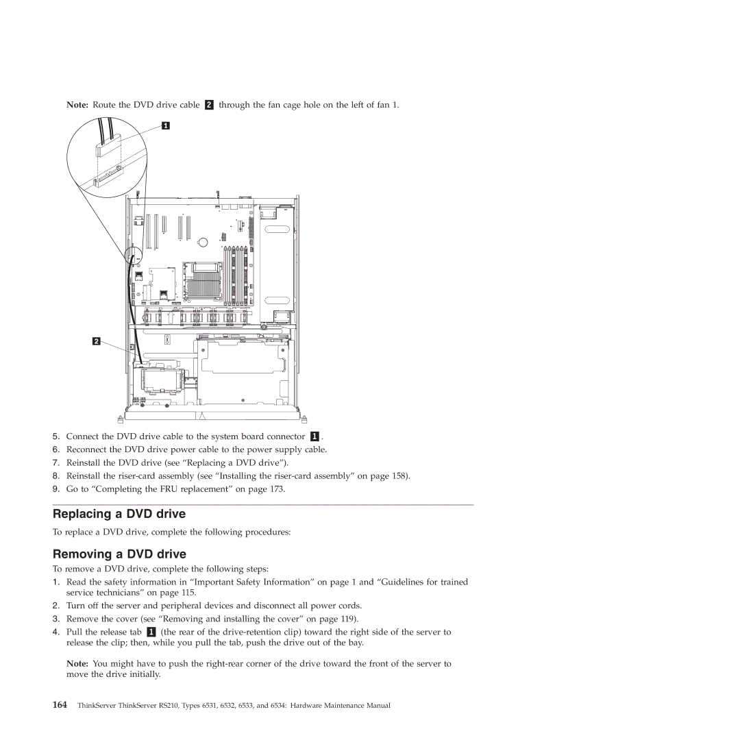 Lenovo RS210 manual Replacing a DVD drive, Removing a DVD drive 