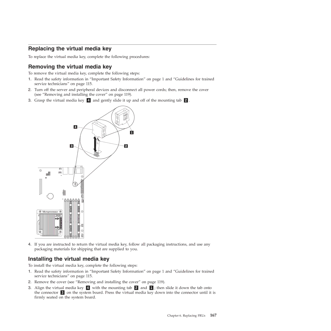 Lenovo RS210 manual Replacing the virtual media key, Removing the virtual media key, Installing the virtual media key 