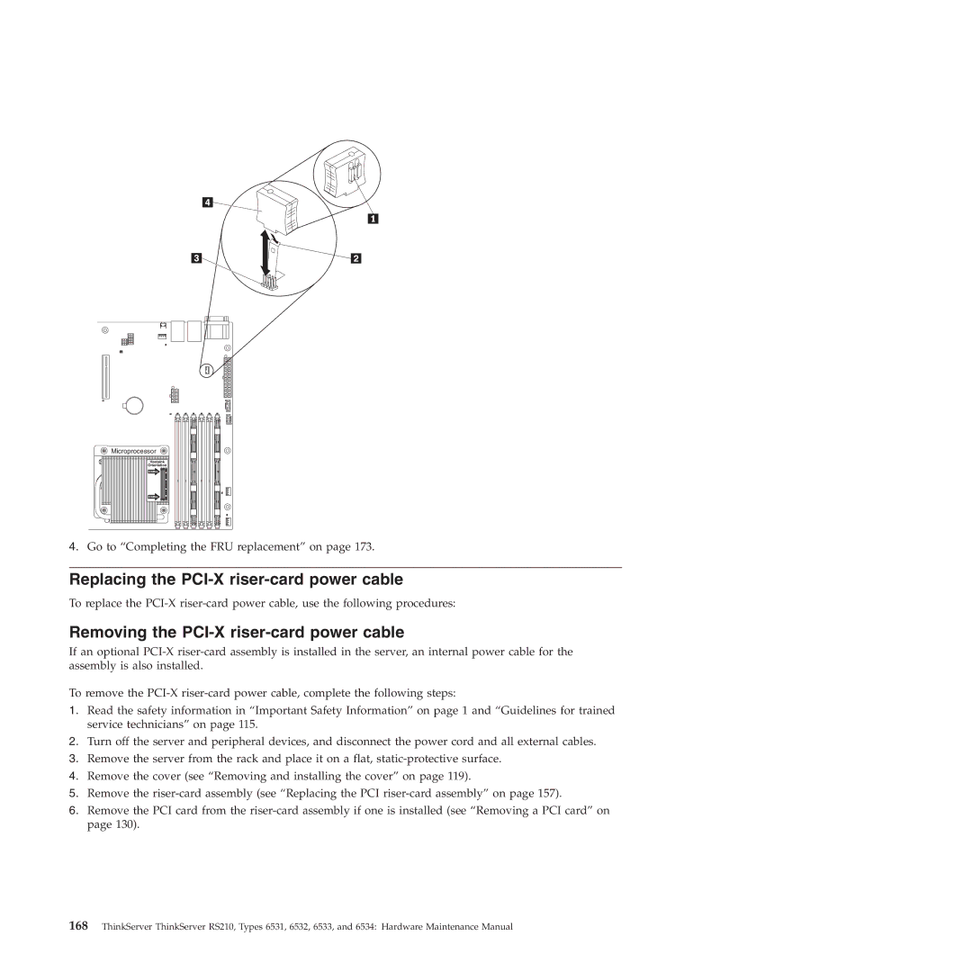 Lenovo RS210 manual Replacing the PCI-X riser-card power cable, Removing the PCI-X riser-card power cable 