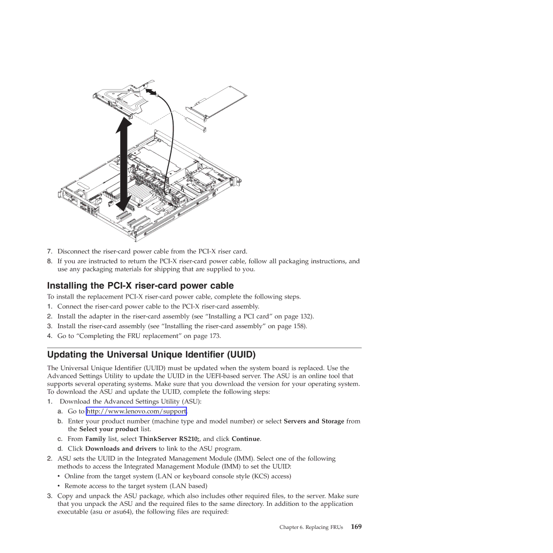 Lenovo RS210 manual Installing the PCI-X riser-card power cable, Updating the Universal Unique Identifier Uuid 