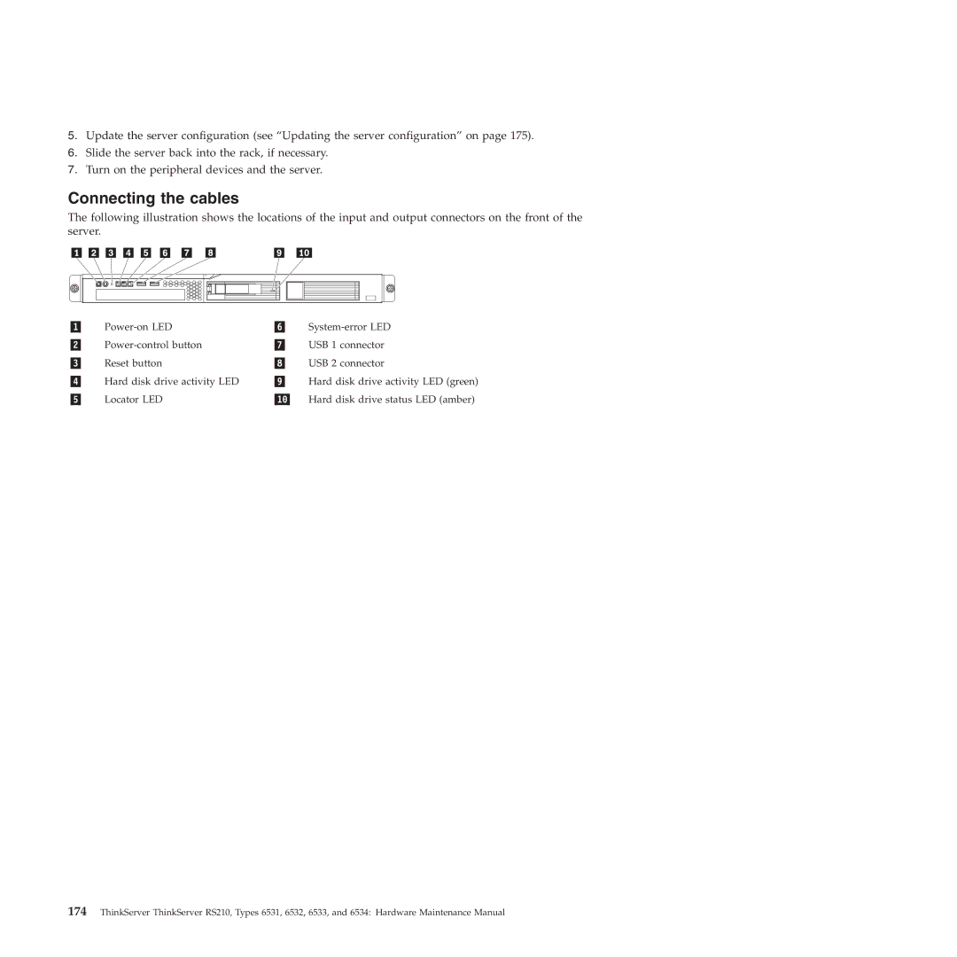 Lenovo RS210 manual Connecting the cables, Locator LED 10 Hard disk drive status LED amber 