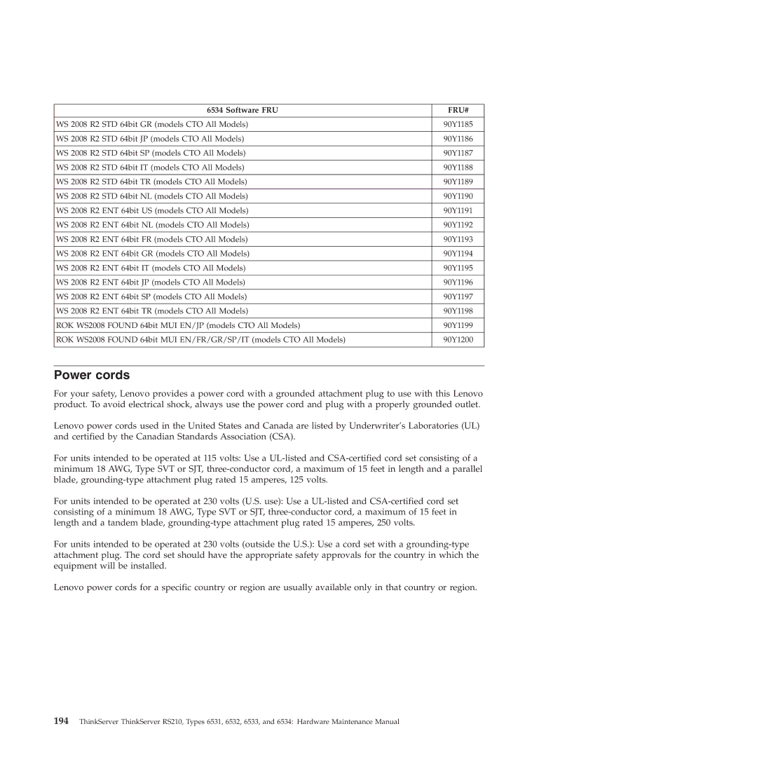 Lenovo RS210 manual Power cords 