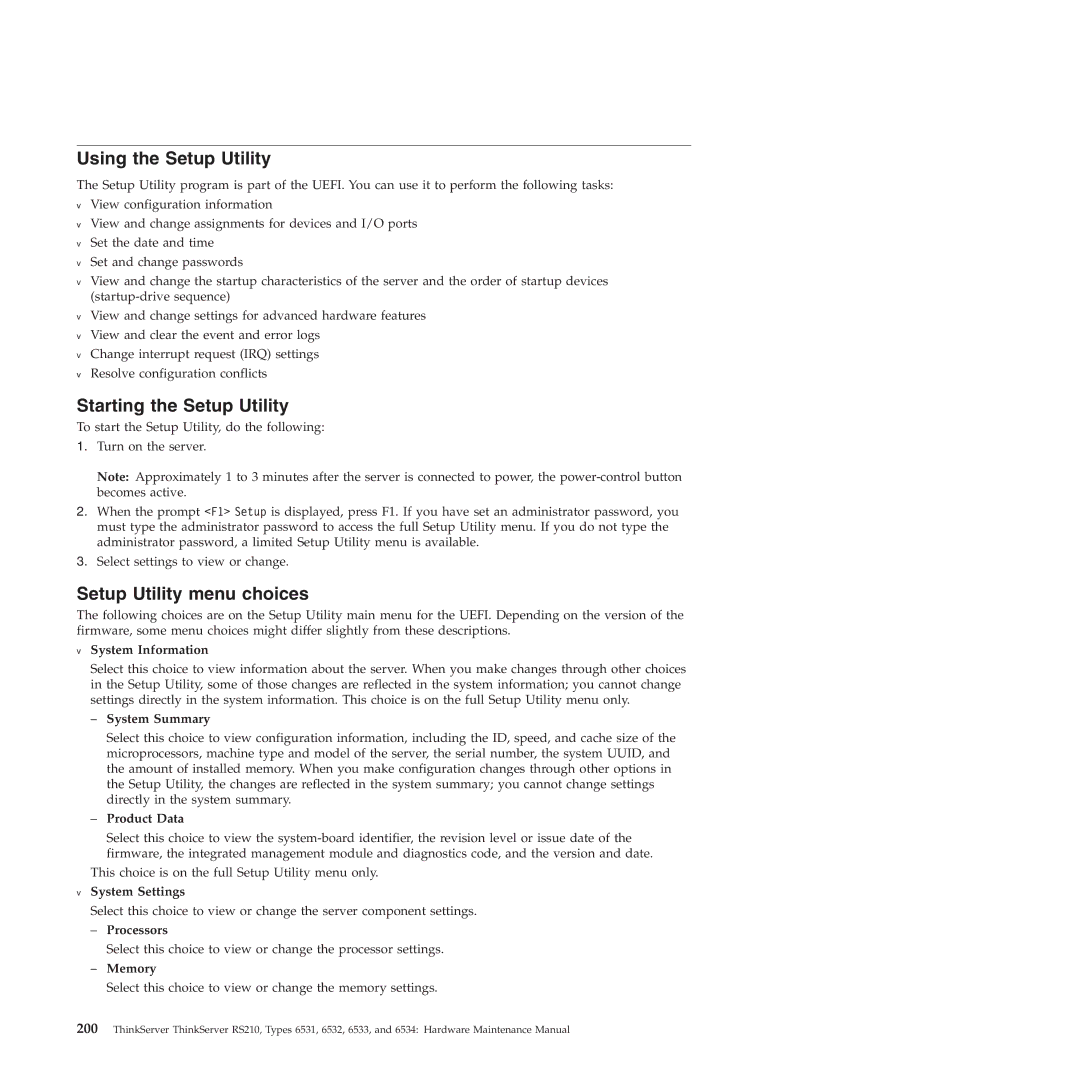 Lenovo RS210 manual Using the Setup Utility, Starting the Setup Utility, Setup Utility menu choices 