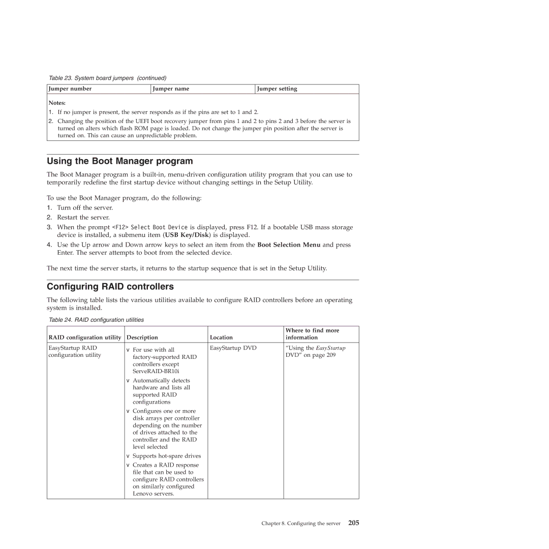 Lenovo RS210 manual Using the Boot Manager program, Configuring RAID controllers 