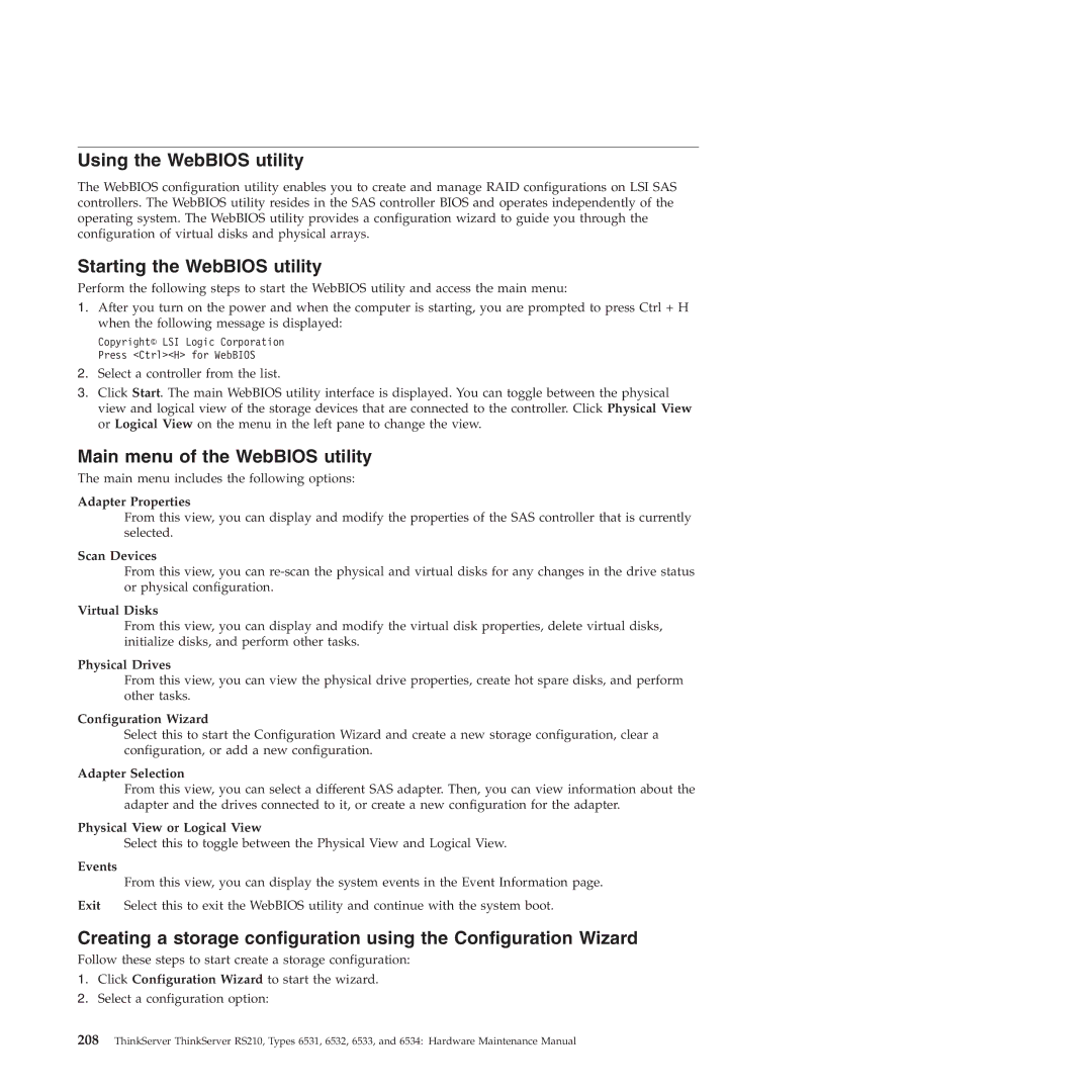 Lenovo RS210 manual Using the WebBIOS utility, Starting the WebBIOS utility, Main menu of the WebBIOS utility 