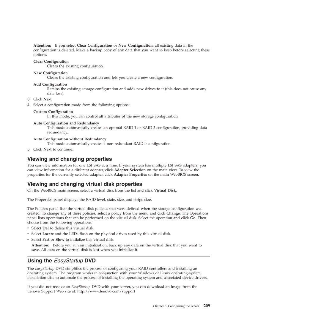 Lenovo RS210 Viewing and changing properties, Viewing and changing virtual disk properties, Using the EasyStartup DVD 