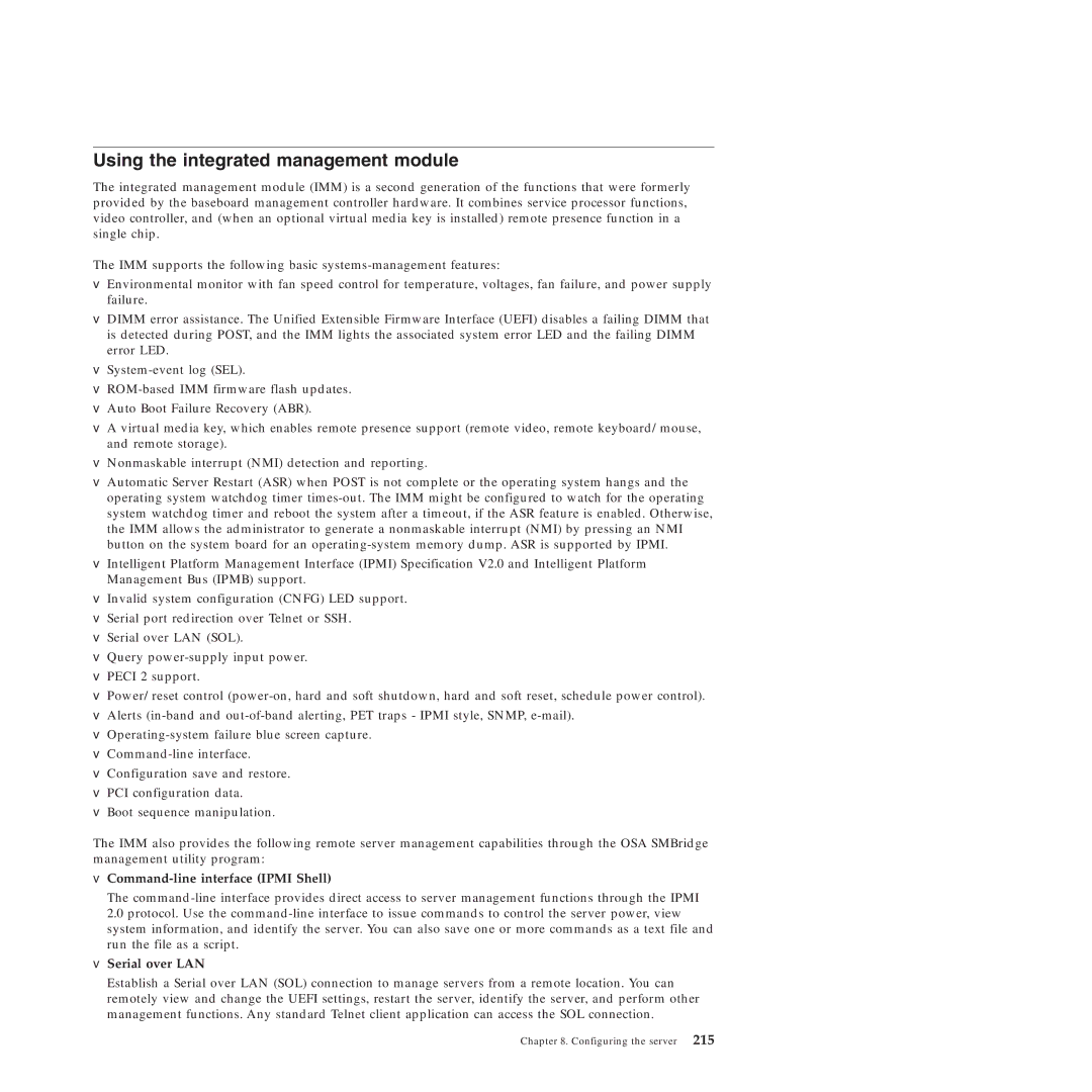 Lenovo RS210 manual Using the integrated management module, Command-line interface Ipmi Shell, Serial over LAN 