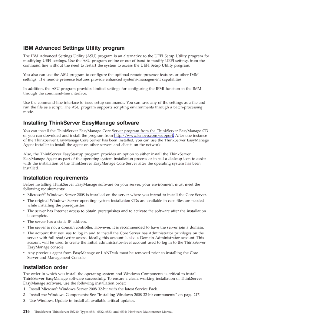 Lenovo RS210 IBM Advanced Settings Utility program, Installing ThinkServer EasyManage software, Installation requirements 