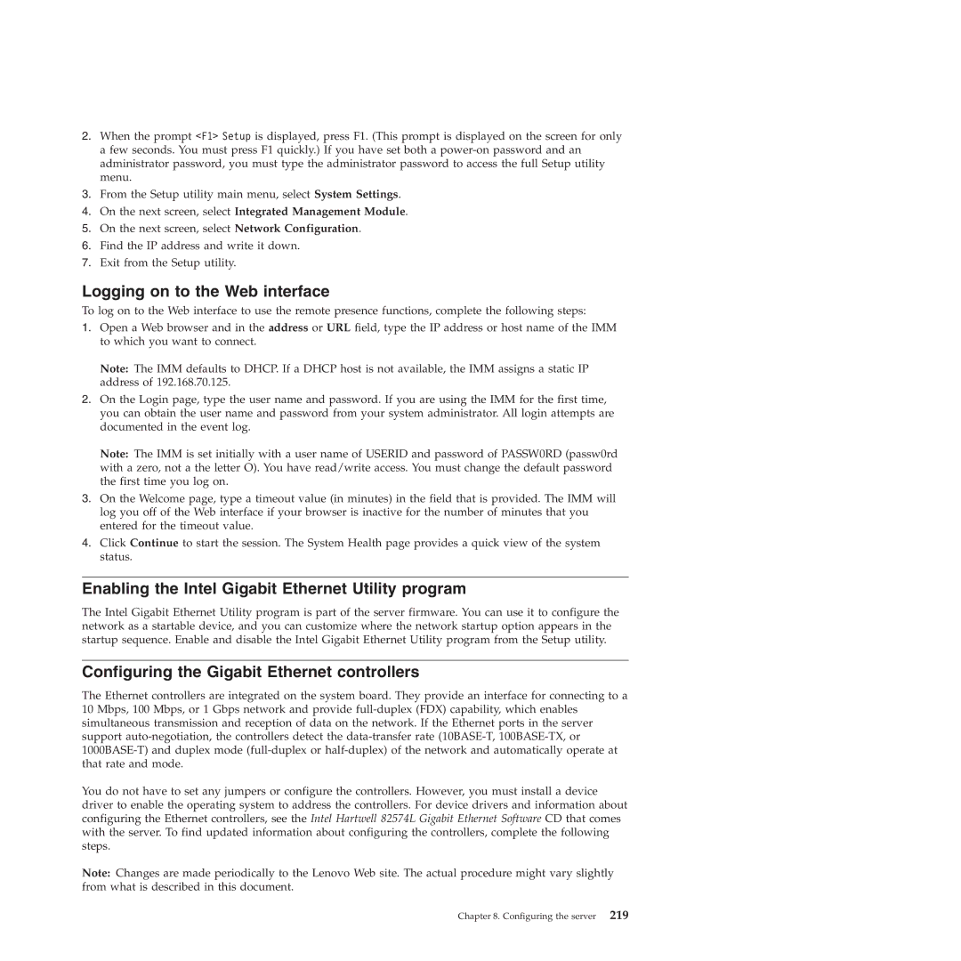 Lenovo RS210 manual Logging on to the Web interface, Enabling the Intel Gigabit Ethernet Utility program 