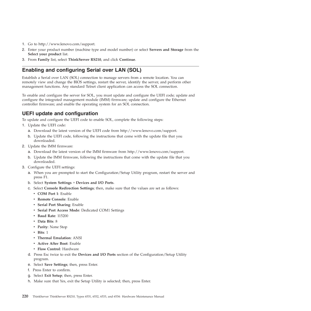 Lenovo RS210 manual Enabling and configuring Serial over LAN SOL, Uefi update and configuration, Baud Rate Data Bits 