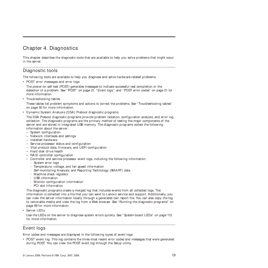 Lenovo RS210 manual Diagnostic tools, Event logs 