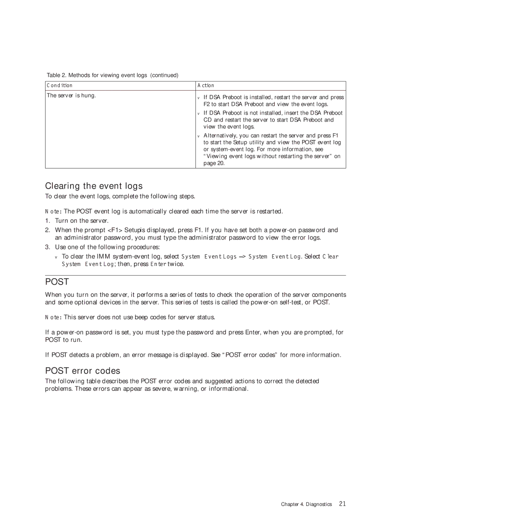 Lenovo RS210 manual Clearing the event logs, Post error codes 
