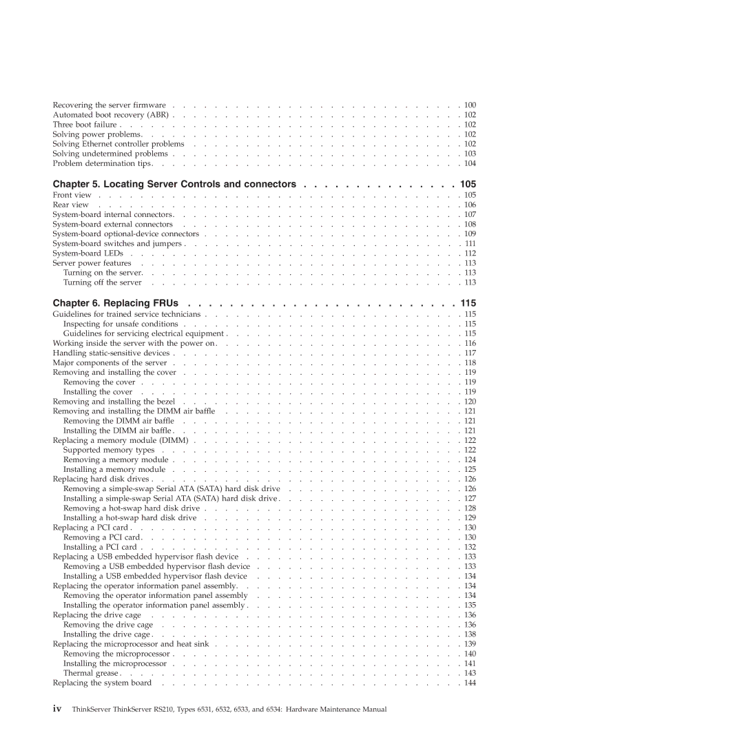 Lenovo RS210 manual Locating Server Controls and connectors 105 