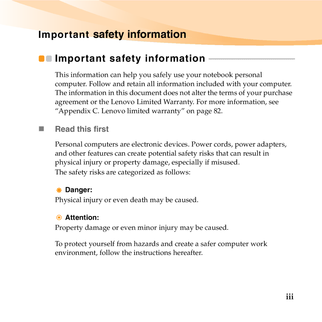 Lenovo S10-2 manual Important safety information, „ Read this first, Iii 