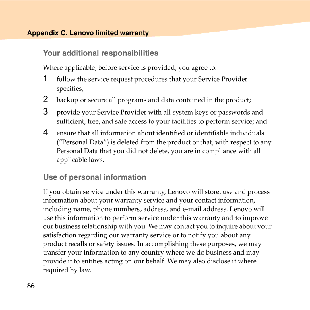 Lenovo S10-2 manual „ Your additional responsibilities, „ Use of personal information 