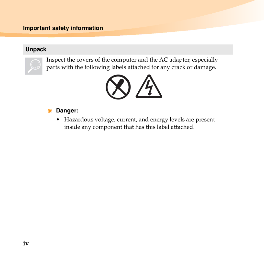 Lenovo S10-2 manual Important safety information Unpack 