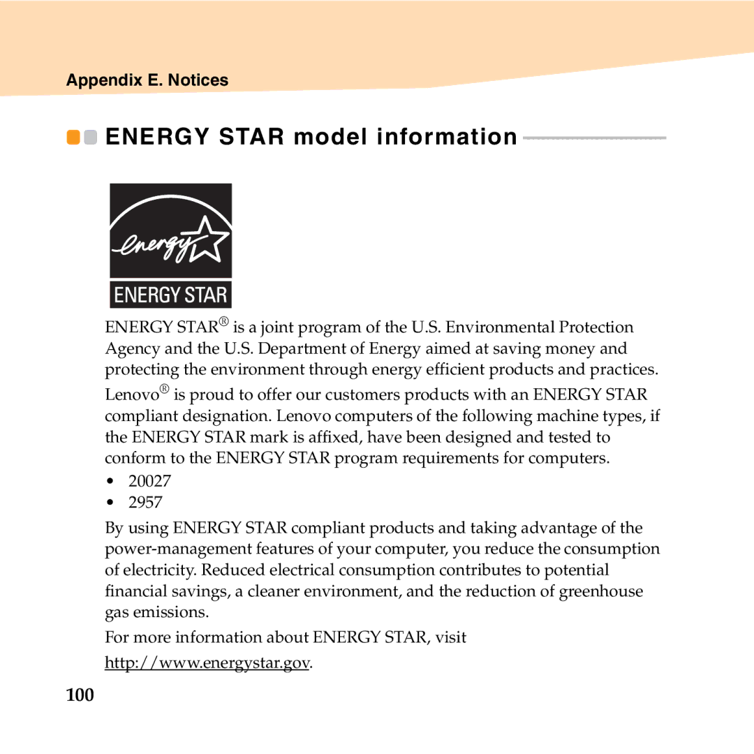 Lenovo S10-2 manual Energy Star model information, 100 