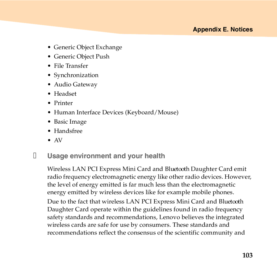 Lenovo S10-2 manual „ Usage environment and your health, 103 