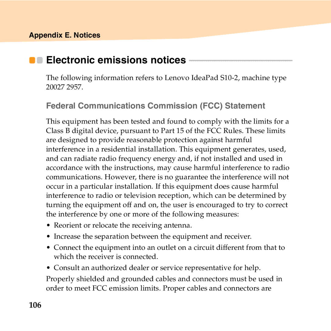 Lenovo S10-2 manual Electronic emissions notices, „ Federal Communications Commission FCC Statement, 106 