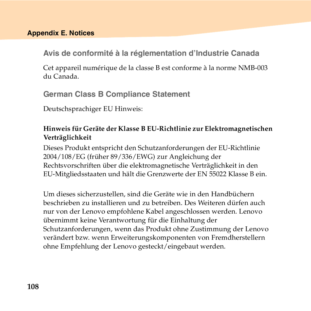 Lenovo S10-2 manual „ Avis de conformité à la réglementation d’Industrie Canada, „ German Class B Compliance Statement, 108 