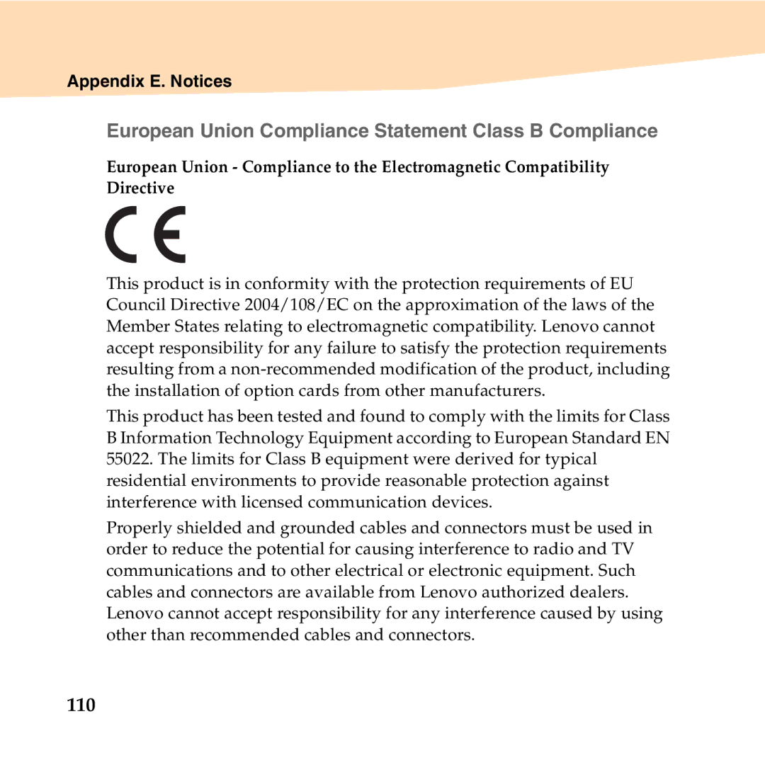 Lenovo S10-2 manual „ European Union Compliance Statement Class B Compliance, 110 