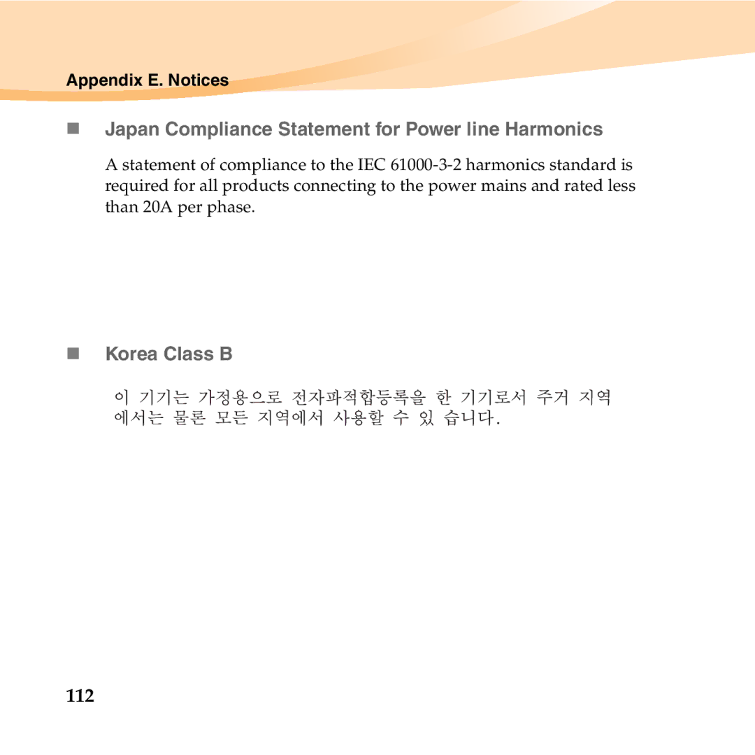 Lenovo S10-2 manual „ Japan Compliance Statement for Power line Harmonics, „ Korea Class B, 112 