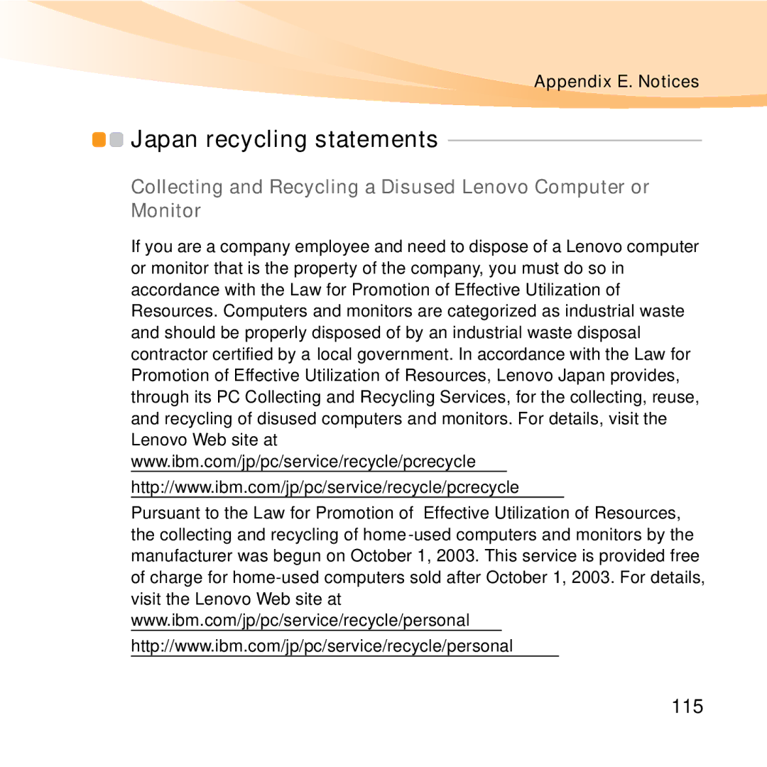 Lenovo S10-2 manual Japan recycling statements, 115 