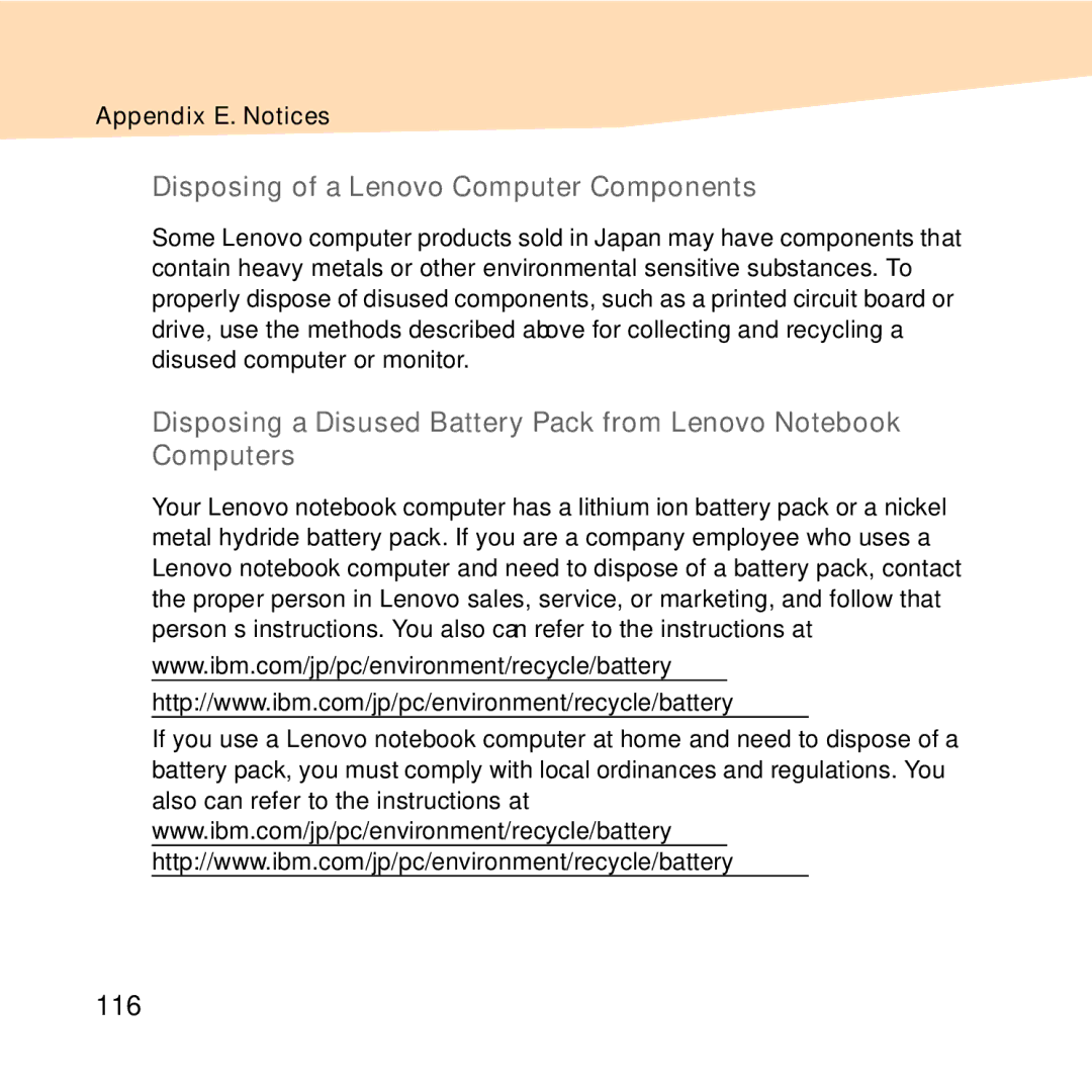 Lenovo S10-2 manual „ Disposing of a Lenovo Computer Components, 116 