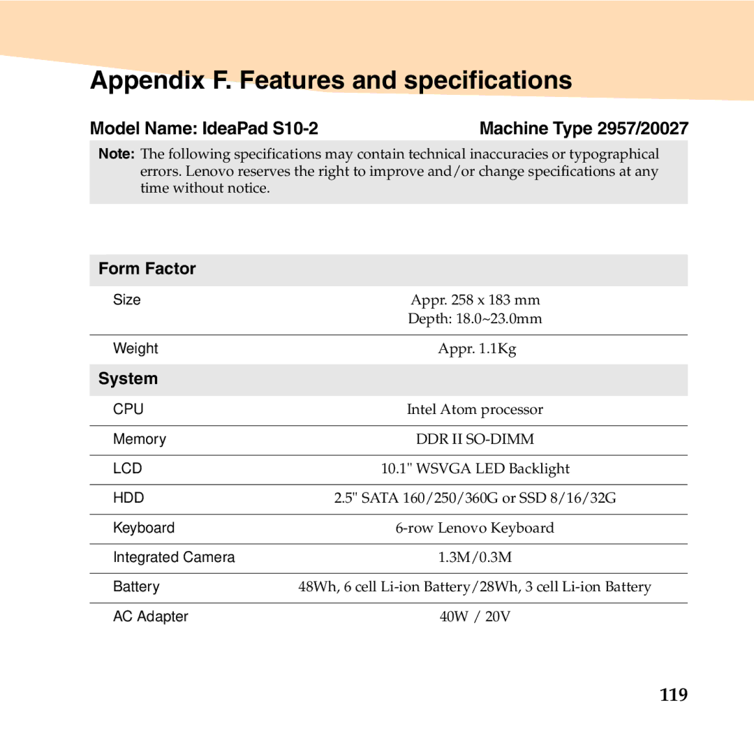 Lenovo manual Appendix F. Features and specifications, 119, Model Name IdeaPad S10-2, Form Factor, System 