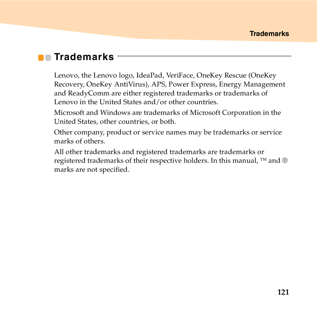 Lenovo S10-2 manual 121, Trademarks 