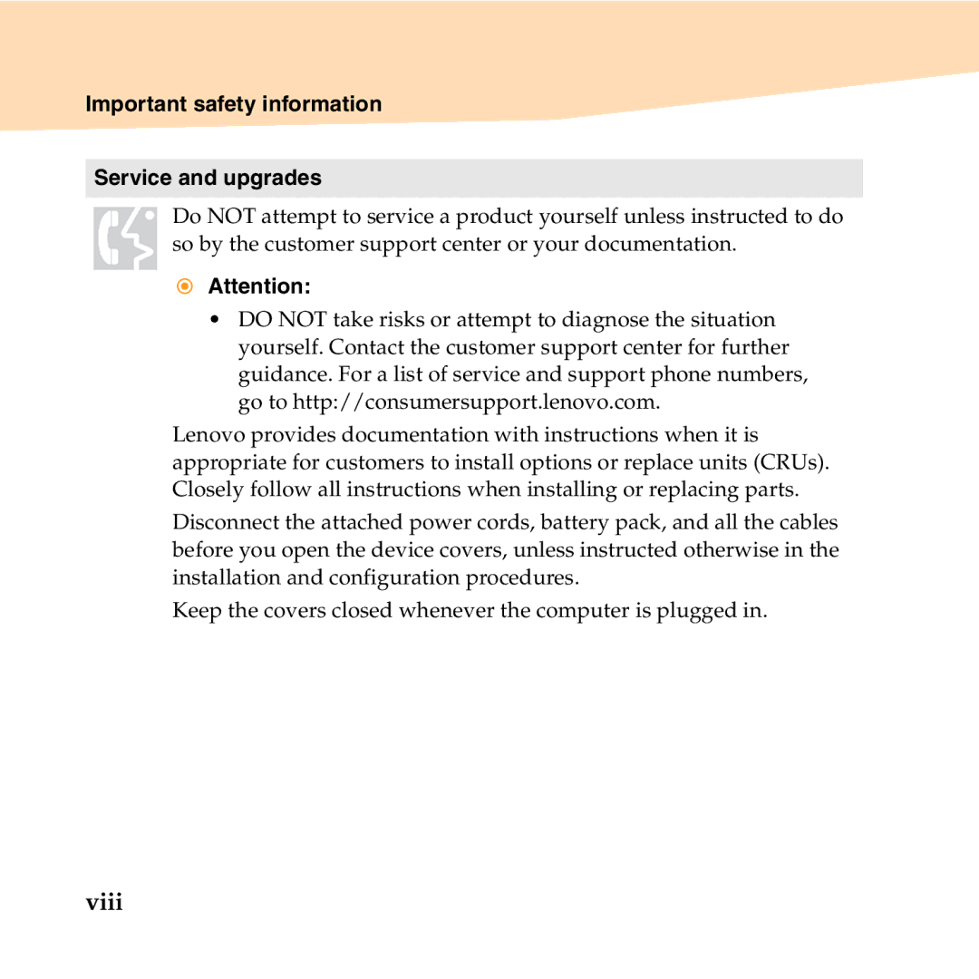 Lenovo S10-2 manual Viii, Important safety information Service and upgrades 