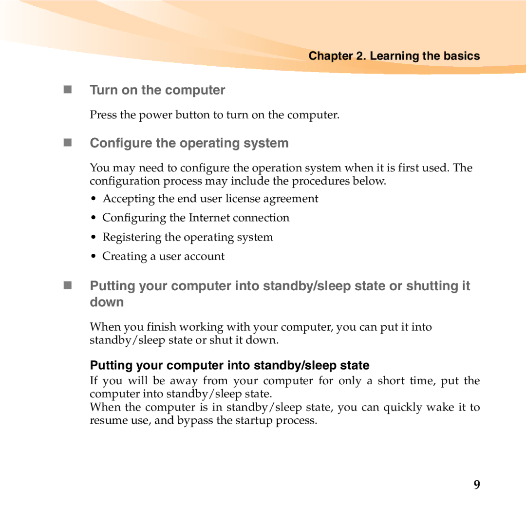 Lenovo S10-2 manual „ Turn on the computer, „ Configure the operating system, Learning the basics 