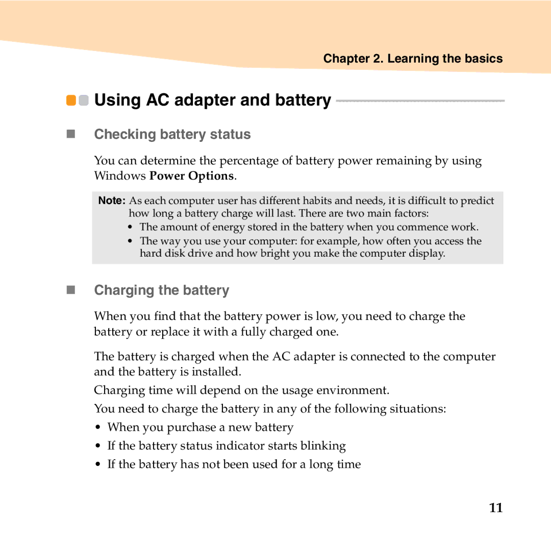 Lenovo S10-2 manual Using AC adapter and battery, „ Checking battery status, „ Charging the battery 