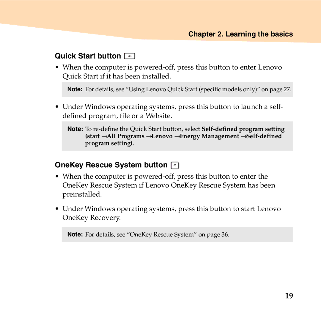 Lenovo S10-2 manual Learning the basics Quick Start button, OneKey Rescue System button 