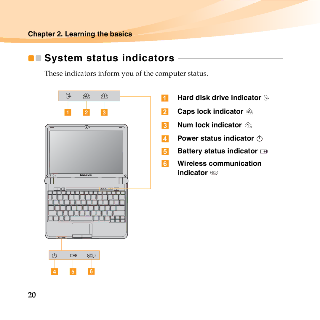 Lenovo S10-2 manual System status indicators, These indicators inform you of the computer status 