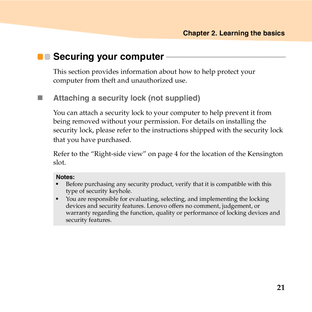 Lenovo S10-2 manual Securing your computer, „ Attaching a security lock not supplied 