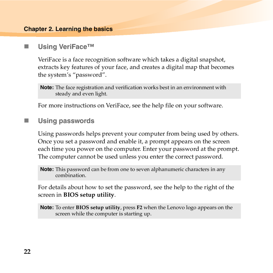 Lenovo S10-2 manual „ Using VeriFace, „ Using passwords 