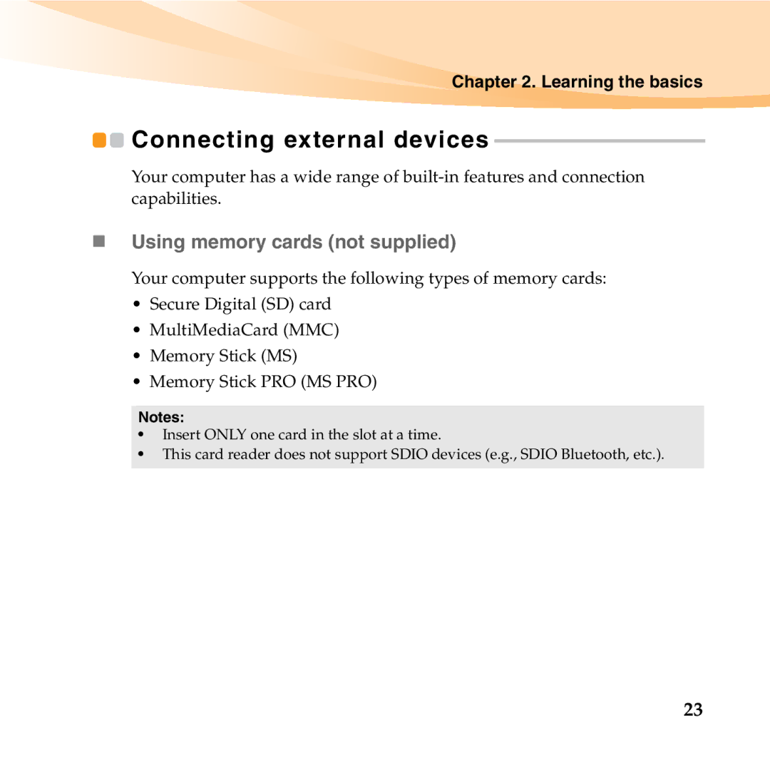 Lenovo S10-2 manual Connecting external devices, „ Using memory cards not supplied 