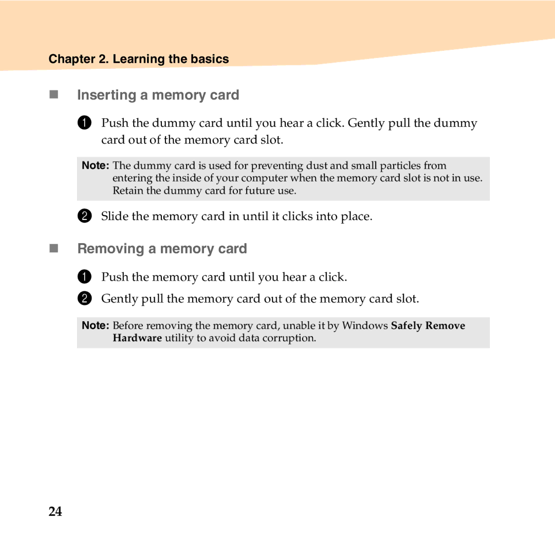 Lenovo S10-2 manual „ Inserting a memory card, „ Removing a memory card 