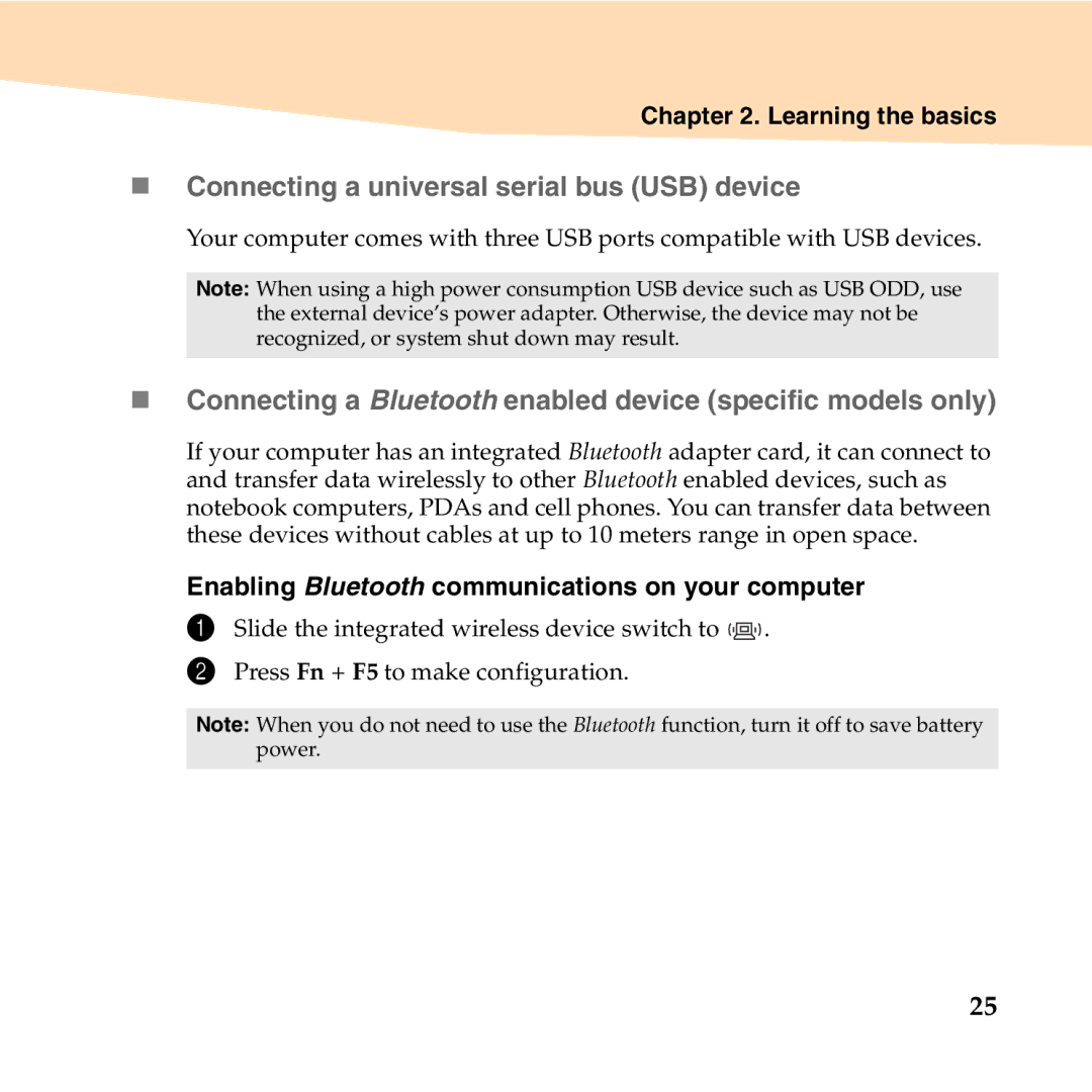 Lenovo S10-2 manual „ Connecting a universal serial bus USB device, Enabling Bluetooth communications on your computer 