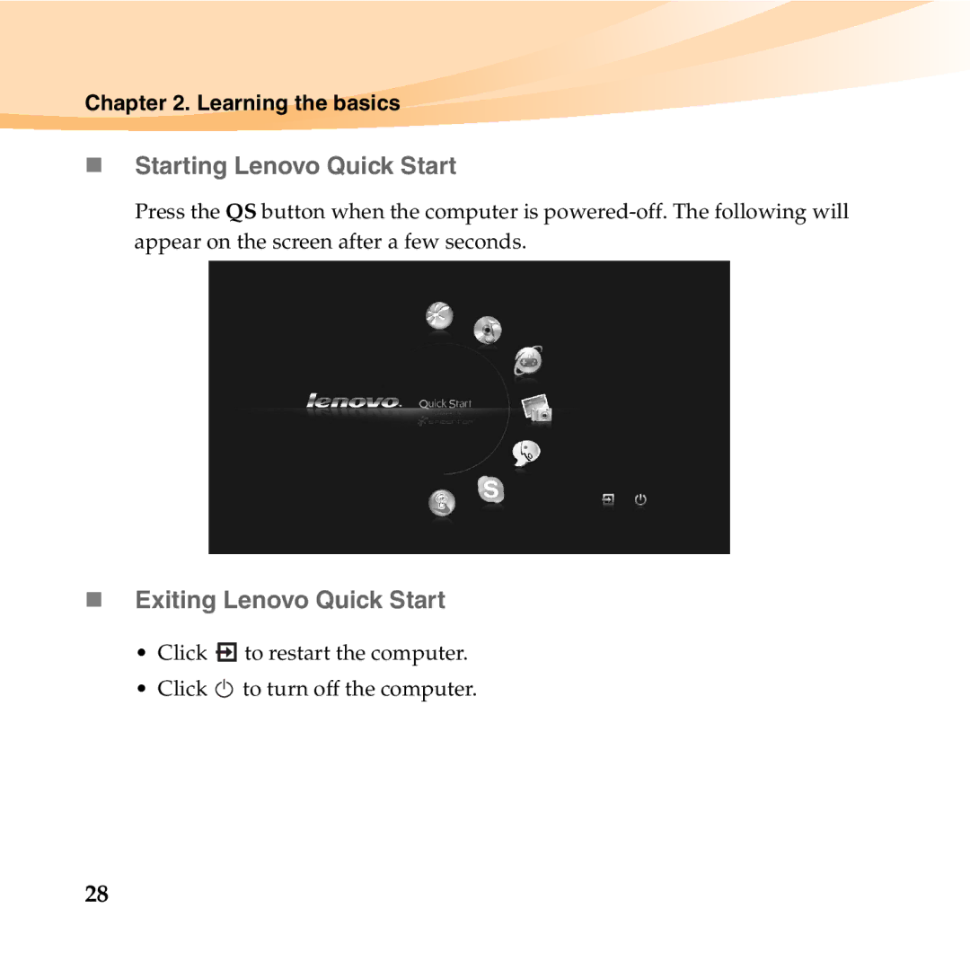 Lenovo S10-2 manual „ Starting Lenovo Quick Start, „ Exiting Lenovo Quick Start 