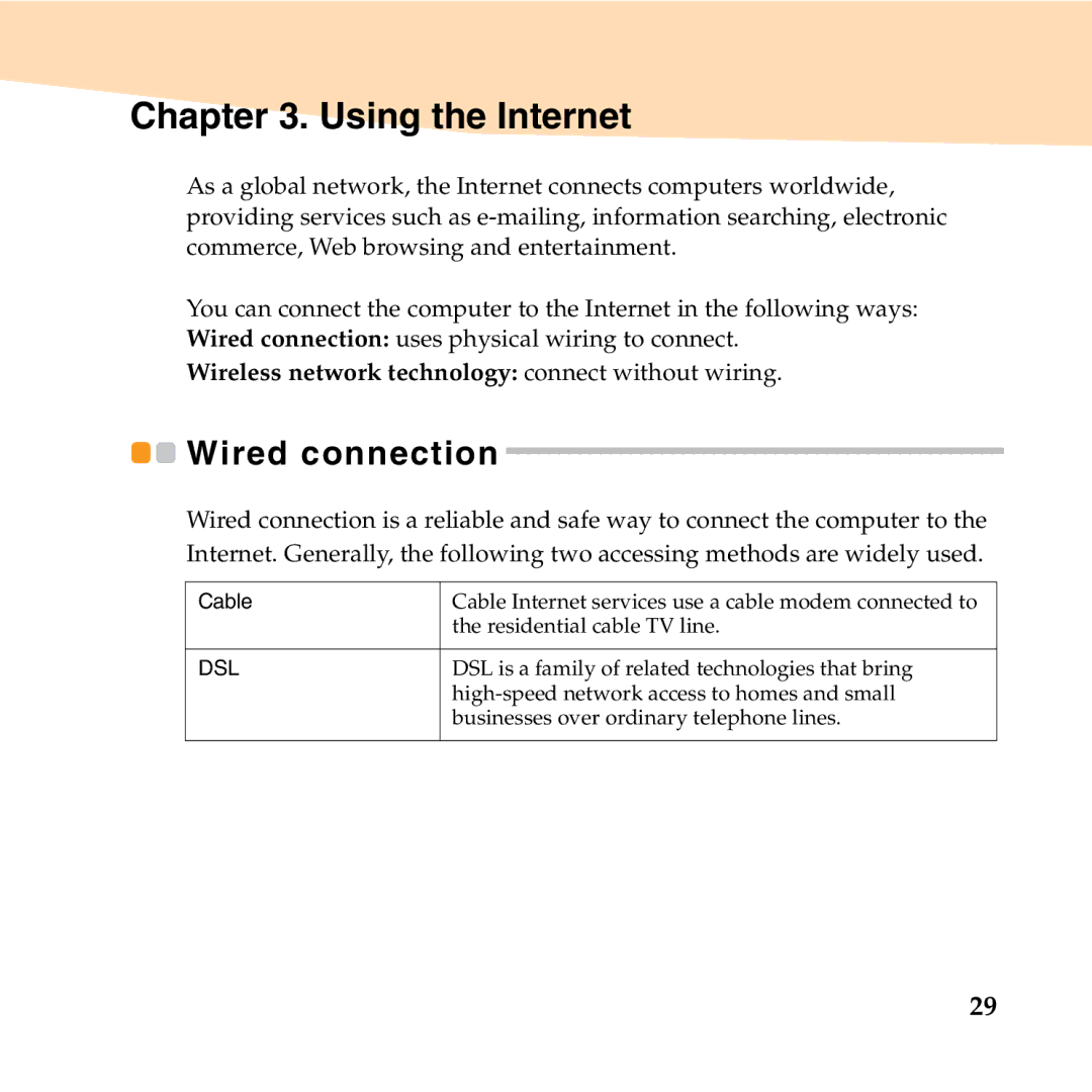 Lenovo S10-2 manual Wired connection, Using the Internet 