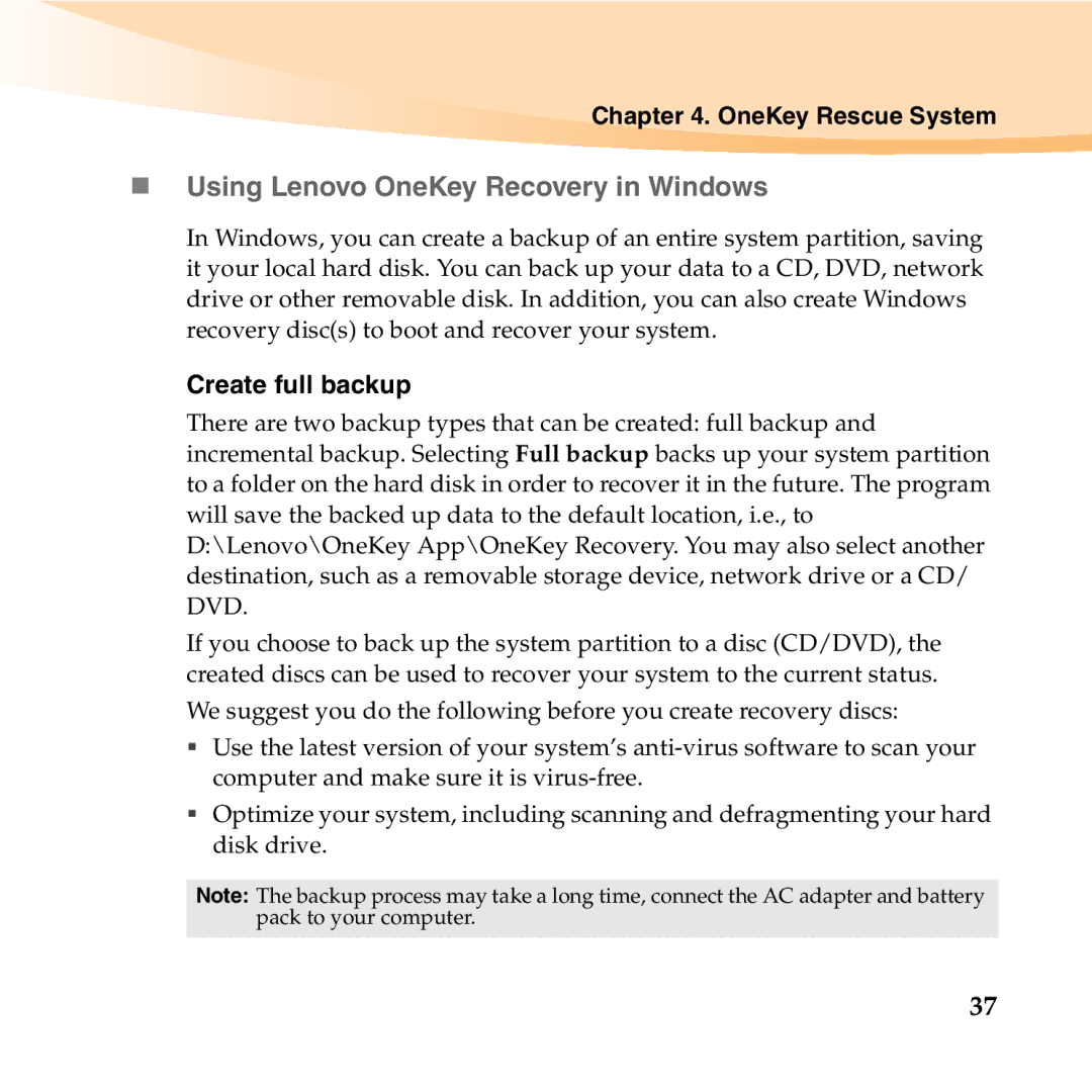 Lenovo S10-2 manual „ Using Lenovo OneKey Recovery in Windows, OneKey Rescue System, Create full backup 