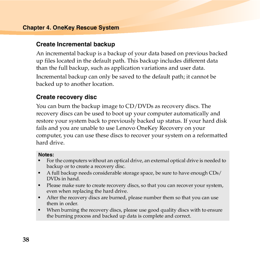 Lenovo S10-2 manual OneKey Rescue System Create Incremental backup, Create recovery disc 