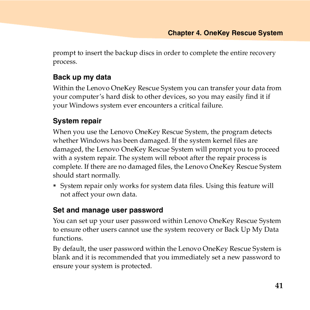 Lenovo S10-2 manual Back up my data, System repair, Set and manage user password 
