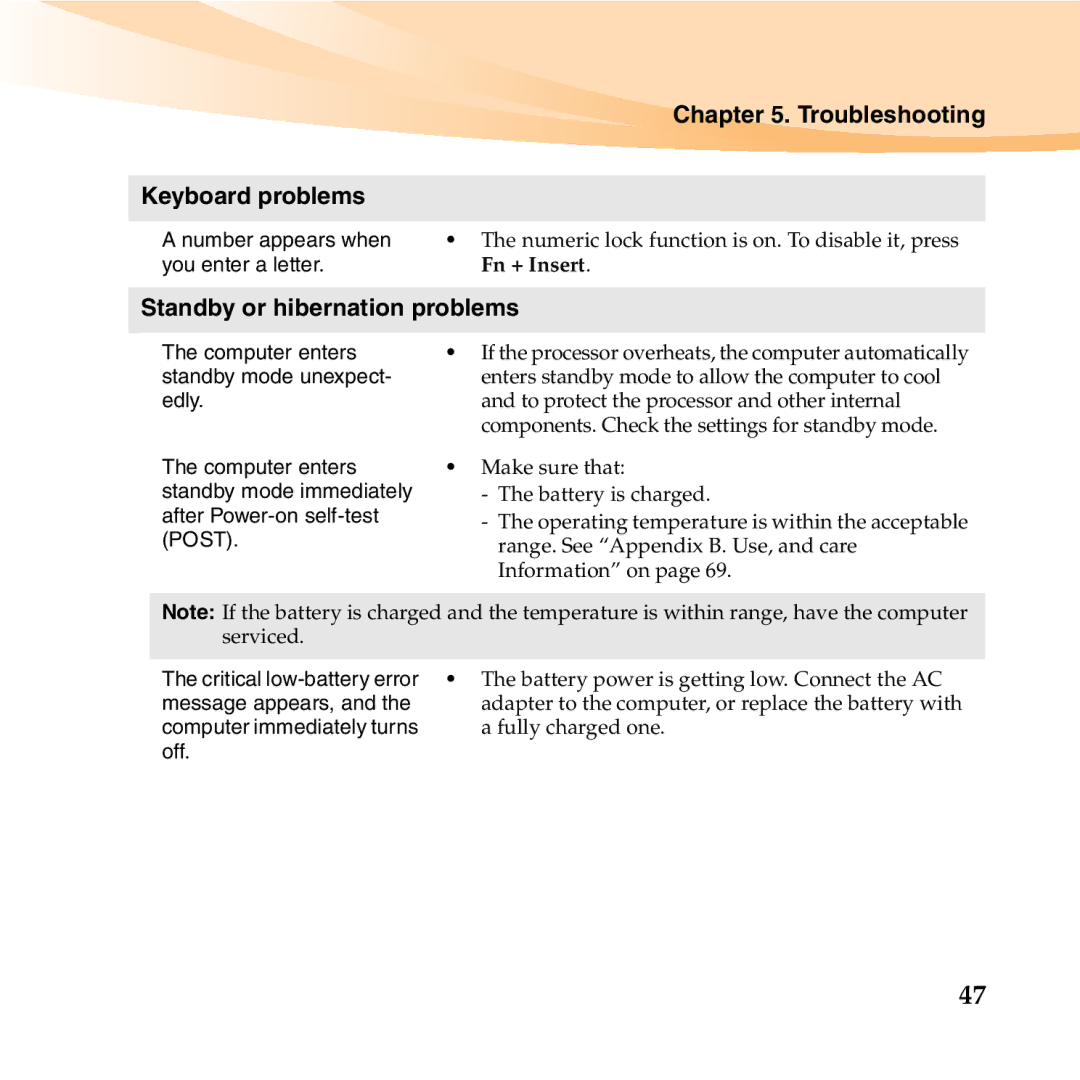 Lenovo S10-2 manual Troubleshooting Keyboard problems, Standby or hibernation problems 